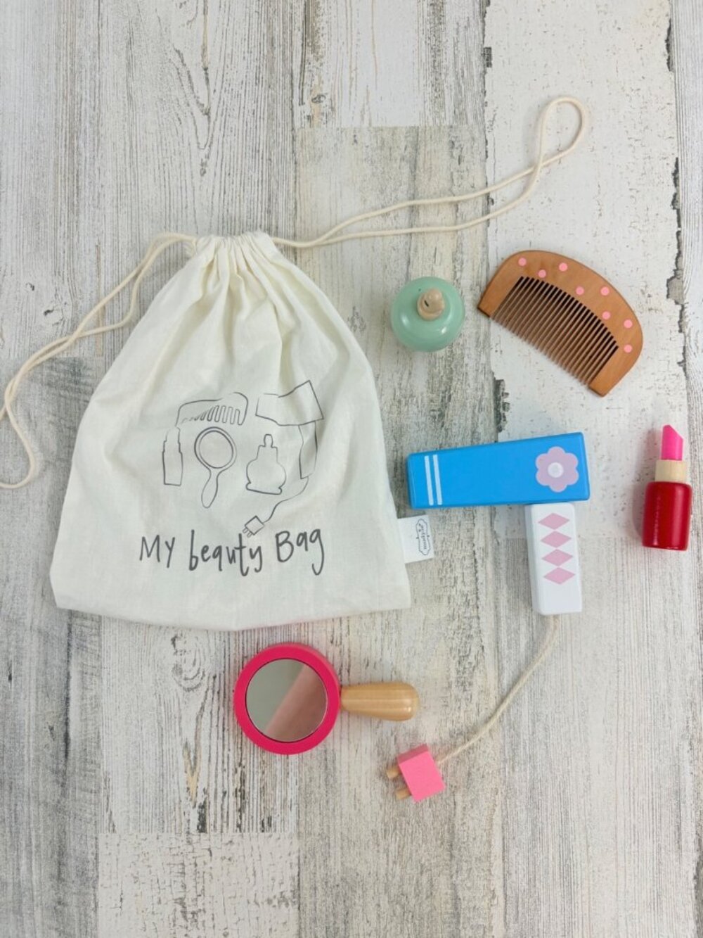 Mud Pie My First Beauty Bag Set Girls Toy Wooden Hair Dryer Makeup Mirror